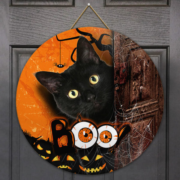 Halloween Black Cat Boo Round Wood Sign | Home Decoration | Waterproof | WS1201-Colorful-Gerbera Prints.