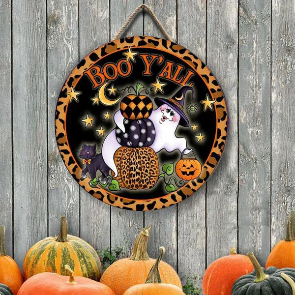 Halloween Boo Y'all Pumpkin Amazing Gift Round Wood Sign | Home Decoration | Waterproof | WS1187-Colorful-Gerbera Prints.