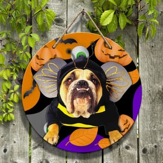 Halloween Bull Sample Round Wood Sign | Home Decoration | Waterproof | WS1117-Colorful-Gerbera Prints.