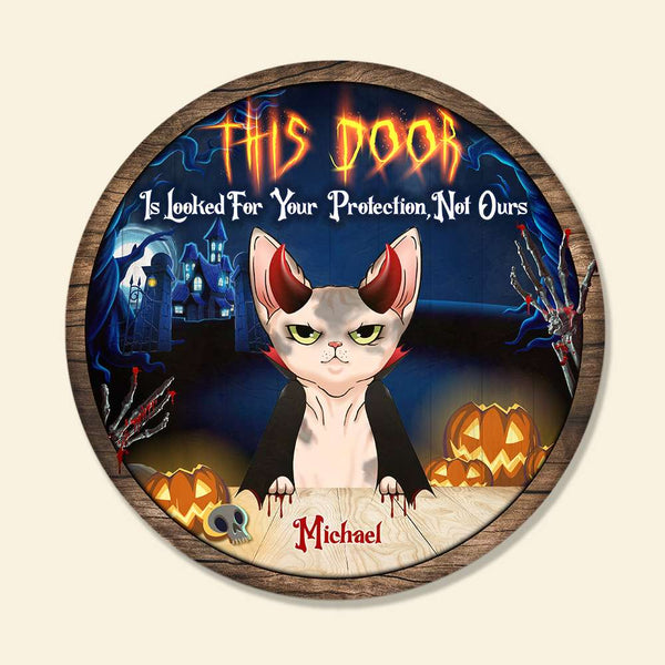 Halloween Cat Custom Round Wood Sign | Home Decoration | Waterproof | WN1413-Colorful-Gerbera Prints.