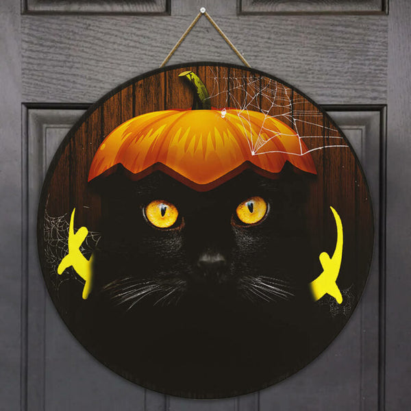 Halloween Decor Black Cat Round Wood Sign | Home Decoration | Waterproof | WS1202-Colorful-Gerbera Prints.