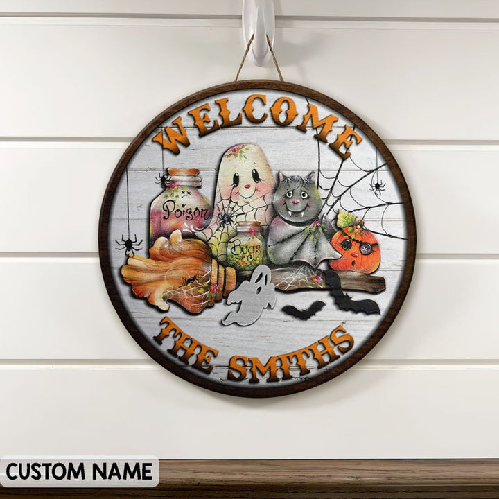 Halloween Door Hanger Decor Custom Round Wood Sign | Home Decoration | Waterproof | WN1511-Gerbera Prints.