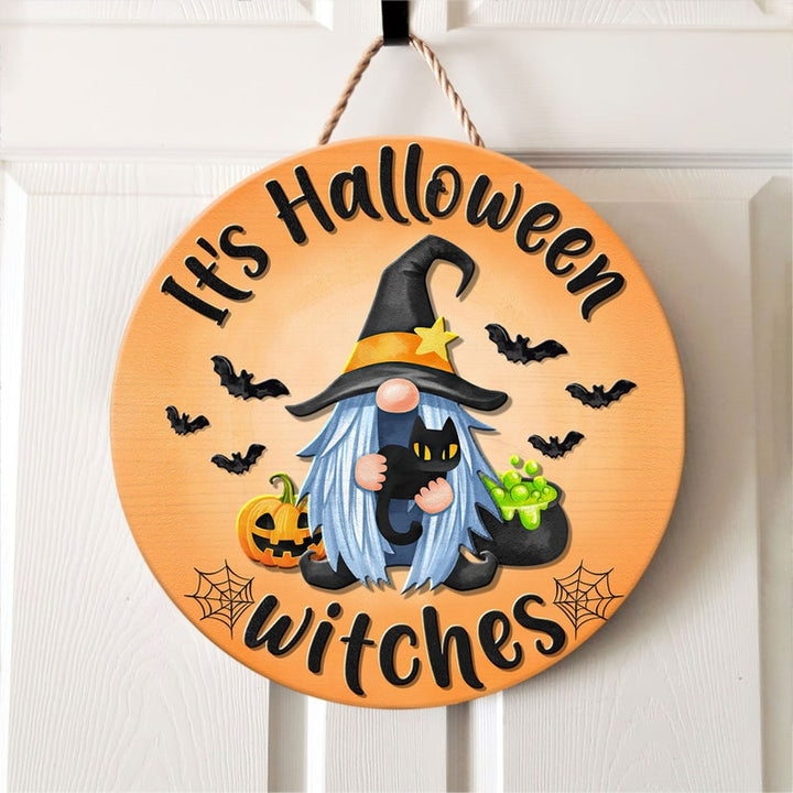 Halloween Gnome Door Sign, Halloween Decorations Outdoor Round Wood Sign | Home Decoration | Waterproof | WS1303-Gerbera Prints.