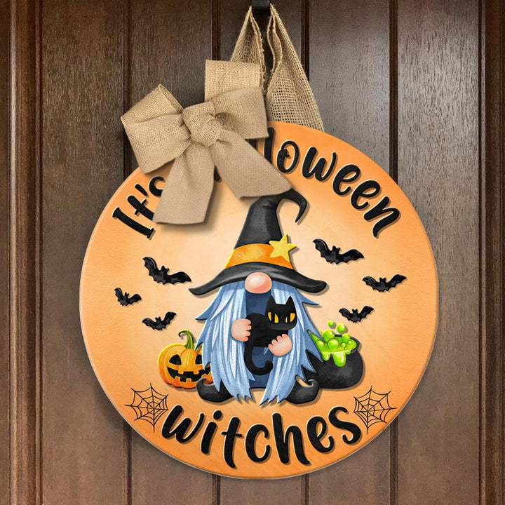 Halloween Gnome Door Sign, Halloween Decorations Outdoor Round Wood Sign | Home Decoration | Waterproof | WS1303-Gerbera Prints.