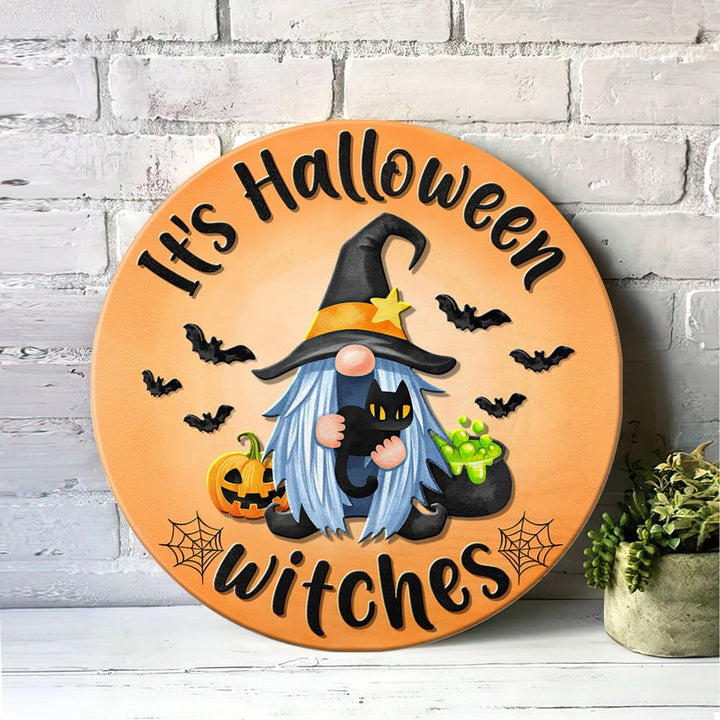 Halloween Gnome Door Sign, Halloween Decorations Outdoor Round Wood Sign | Home Decoration | Waterproof | WS1303-Colorful-Gerbera Prints.
