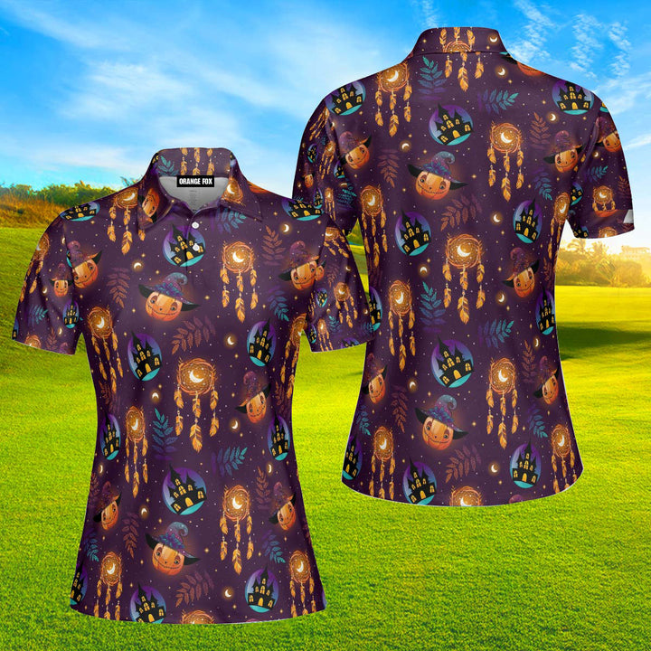 Halloween Pumpkin Violet Polo Shirt For Women