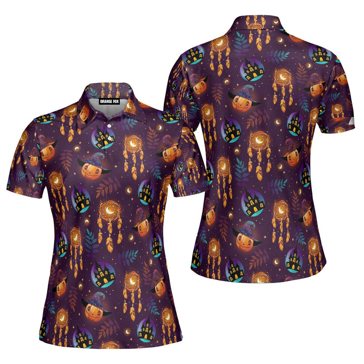 Halloween Pumpkin Violet Polo Shirt For Women