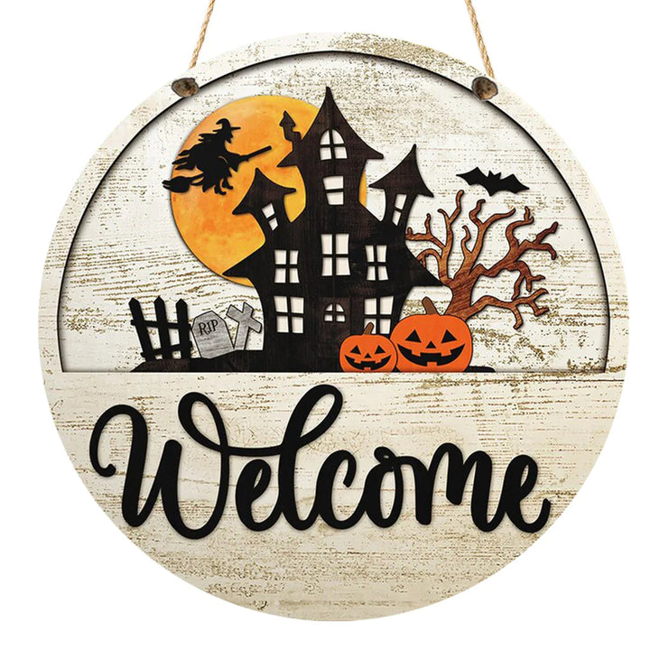 Halloween Welcome Round Wood Sign | Home Decoration | Waterproof | WS1207-Gerbera Prints.