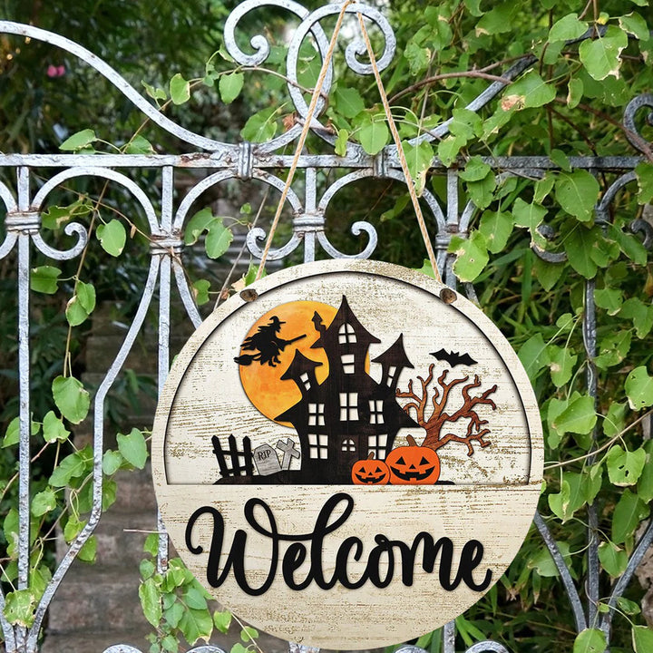 Halloween Welcome Round Wood Sign | Home Decoration | Waterproof | WS1207-Gerbera Prints.