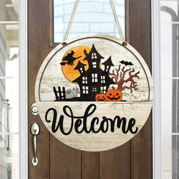 Halloween Welcome Round Wood Sign | Home Decoration | Waterproof | WS1207-Colorful-Gerbera Prints.