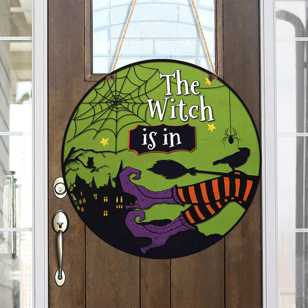 Halloween Witch Round Wood Sign | Home Decoration | Waterproof | WS1210-Colorful-Gerbera Prints.