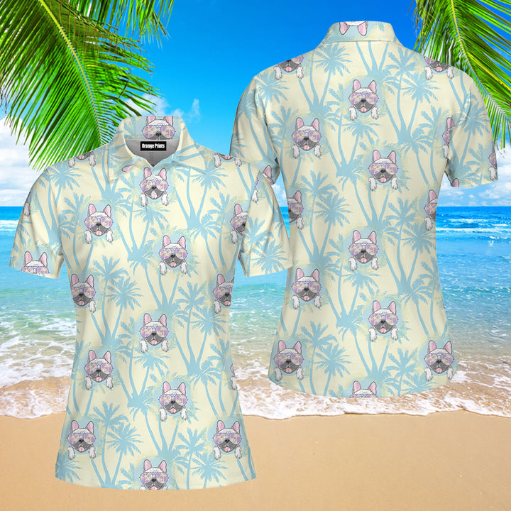 Happy Bull Dog With Tropical Polo Shirt For Women