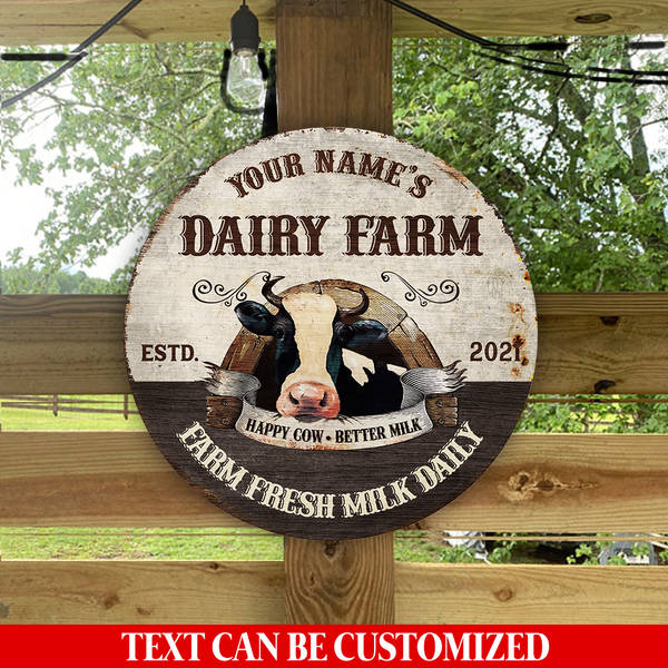 Happy Cow Better Milk Dairy Farm Custom Round Wood Sign | Home Decoration | Waterproof | WN1318-Colorful-Gerbera Prints.