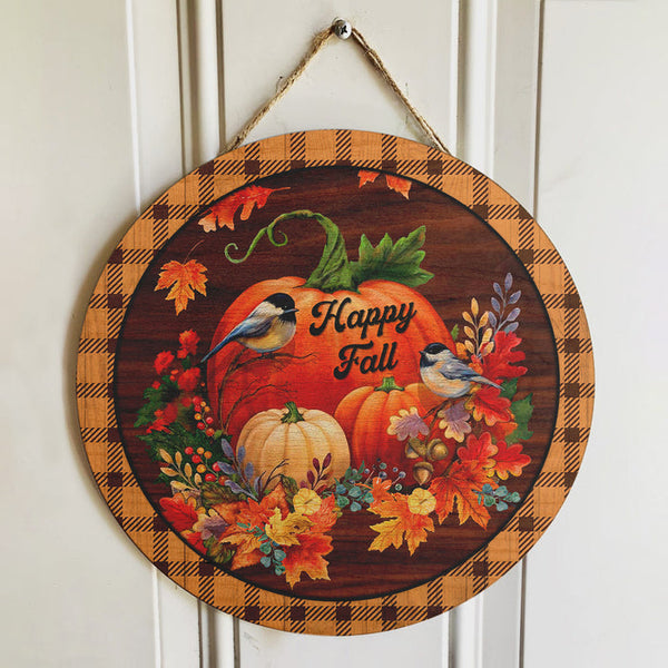 Happy Fall Bird And Pumpkin Plaid Round Wood Sign | Home Decoration | Waterproof | WS1236-Colorful-Gerbera Prints.
