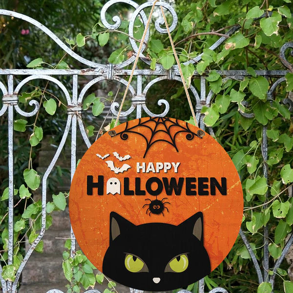 Happy Halloween Black Cat Round Wood Sign | Home Decoration | Waterproof | WS1211-Gerbera Prints.