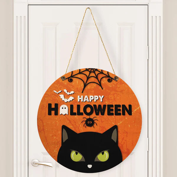 Happy Halloween Black Cat Round Wood Sign | Home Decoration | Waterproof | WS1211-Gerbera Prints.