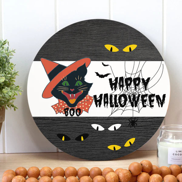 Happy Halloween Black Cat Round Wood Sign | Home Decoration | Waterproof | WS1304-Gerbera Prints.