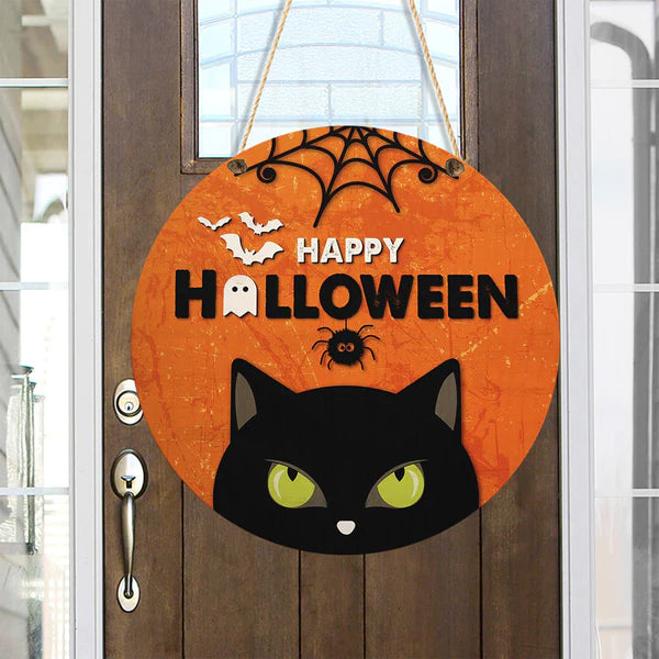 Happy Halloween Black Cat Round Wood Sign | Home Decoration | Waterproof | WS1211-Colorful-Gerbera Prints.