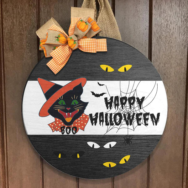 Happy Halloween Black Cat Round Wood Sign | Home Decoration | Waterproof | WS1304-Colorful-Gerbera Prints.