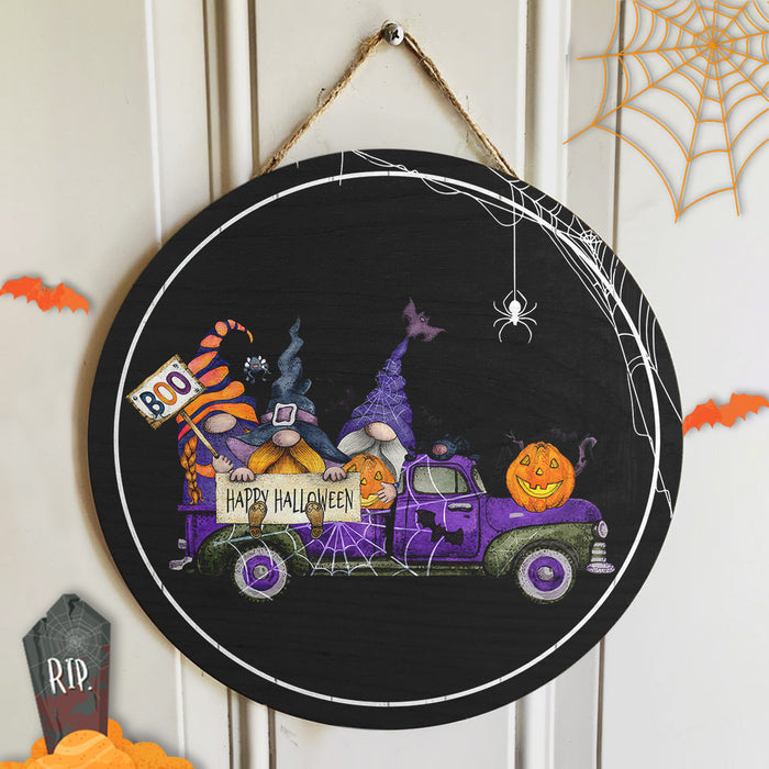 Happy Halloween Boo Gnome Truck Round Wood Sign | Home Decoration | Waterproof | WS1254-Colorful-Gerbera Prints.