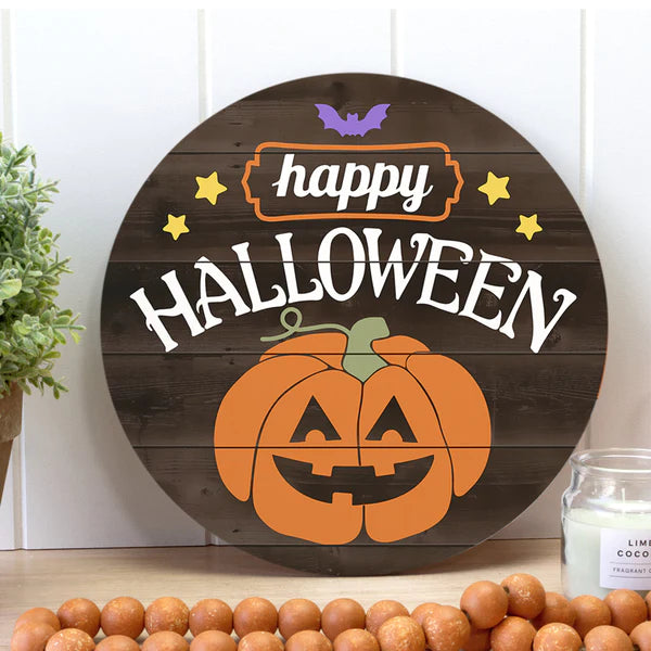 Happy Halloween, Pumpkin Door Sign, Spooky Decor Round Wood Sign | Home Decoration | Waterproof | WS1306-Gerbera Prints.
