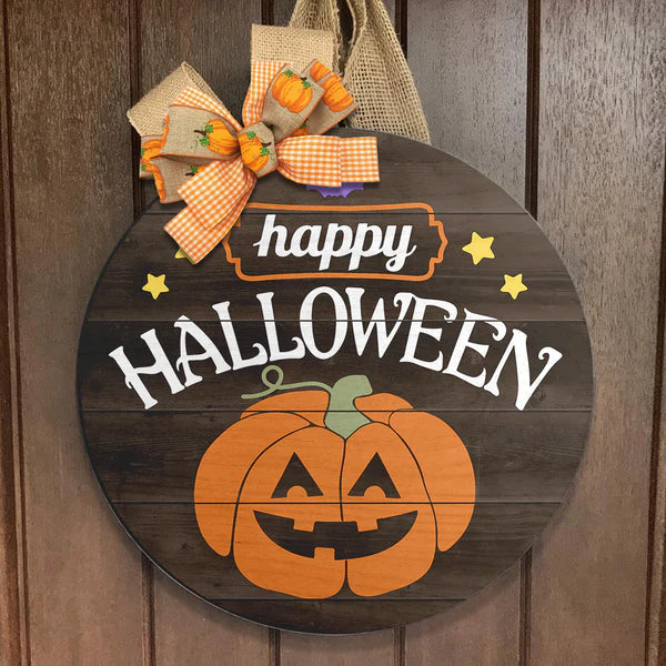 Happy Halloween, Pumpkin Door Sign, Spooky Decor Round Wood Sign | Home Decoration | Waterproof | WS1306-Colorful-Gerbera Prints.