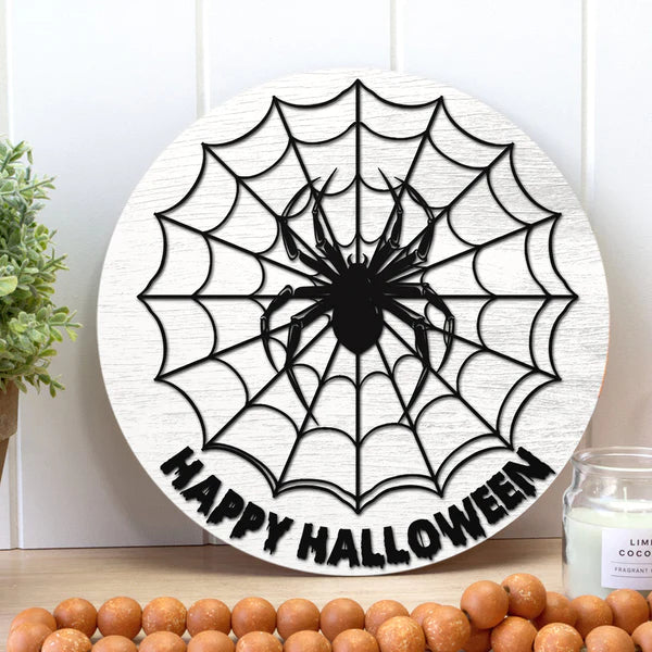Happy Halloween - Spiderweb - Horrible Halloween Door Hanger - Autumn House Decor - Fall Gift Round Wood Sign | Home Decoration | Waterproof | WS1249-Gerbera Prints.