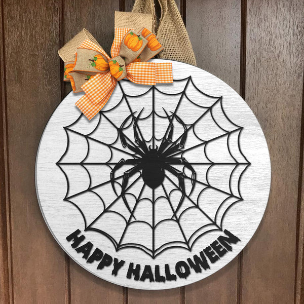 Happy Halloween - Spiderweb - Horrible Halloween Door Hanger - Autumn House Decor - Fall Gift Round Wood Sign | Home Decoration | Waterproof | WS1249-Gerbera Prints.