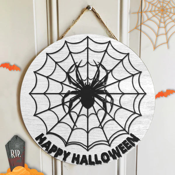 Happy Halloween - Spiderweb - Horrible Halloween Door Hanger - Autumn House Decor - Fall Gift Round Wood Sign | Home Decoration | Waterproof | WS1249-Colorful-Gerbera Prints.
