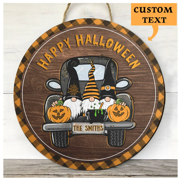 Happy Halloween Truck Gnomes Custom Round Wood Sign | Home Decoration | WN1328-Colorful-Gerbera Prints.