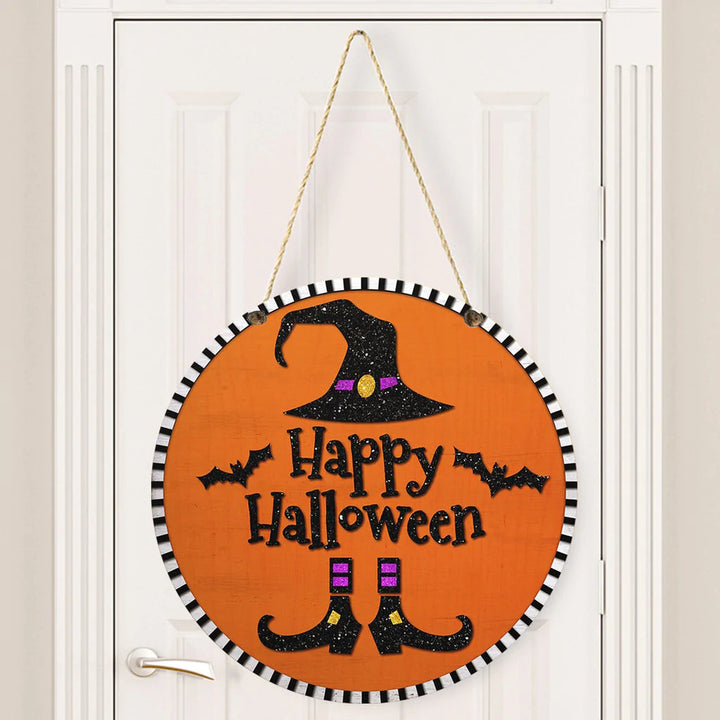 Happy Halloween Witch Bat Round Wood Sign | Home Decoration | Waterproof | WS1209-Gerbera Prints.