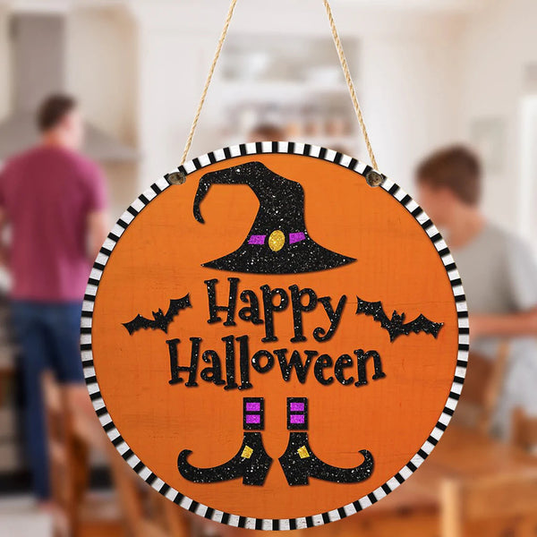 Happy Halloween Witch Bat Round Wood Sign | Home Decoration | Waterproof | WS1209-Colorful-Gerbera Prints.