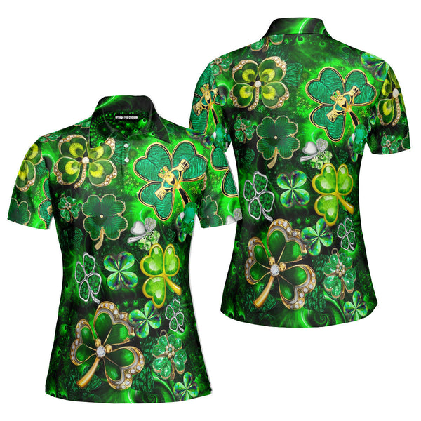 Happy St Patrick's Day Lucky Diamonds Shamrock Pattern Polo Shirt For Women