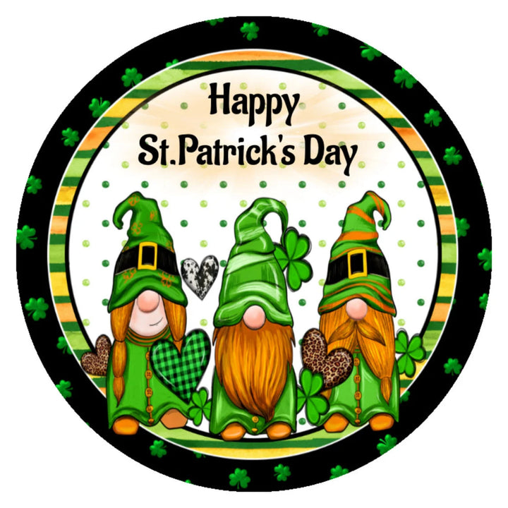 Happy St. Patrick’s Day Sign Gnome Round Wood Sign | Home Decoration | Waterproof | WS1389-Colorful-Gerbera Prints.