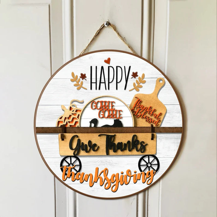 Happy Thanksgiving Door Sign, Thanksgiving Door Hanger Round Wood Sign | Home Decoration | Waterproof | WS1278-Colorful-Gerbera Prints.