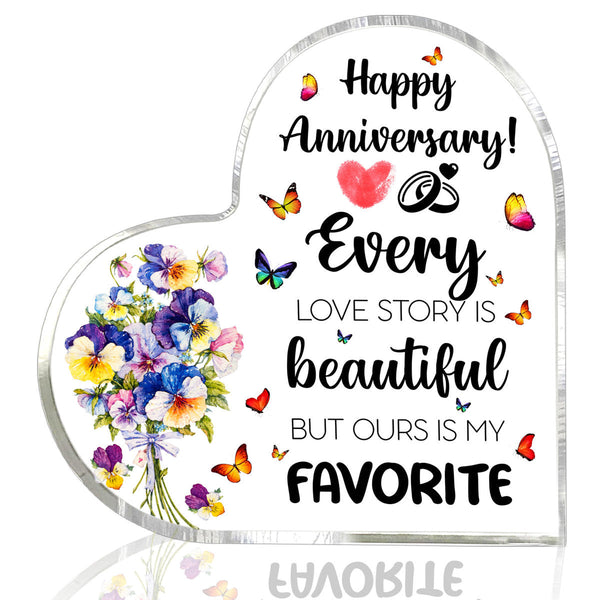 Happy Wedding Anniversary Romantic Flowers Butterflies Heart Shaped Acrylic Plaque Gift For Mom & For Dad HA1202-Colorful-Gerbera Prints.