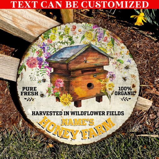Harvested In Windflower Fields Honey Farm Custom Round Wood Sign | Home Decoration | Waterproof | WN1261-Colorful-Gerbera Prints.