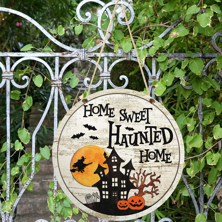 Haunted Home Halloween Round Wood Sign | Home Decoration | Waterproof | WS1208-Gerbera Prints.