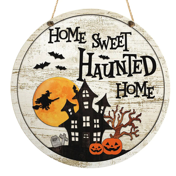 Haunted Home Halloween Round Wood Sign | Home Decoration | Waterproof | WS1208-Gerbera Prints.