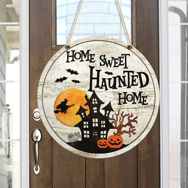 Haunted Home Halloween Round Wood Sign | Home Decoration | Waterproof | WS1208-Colorful-Gerbera Prints.