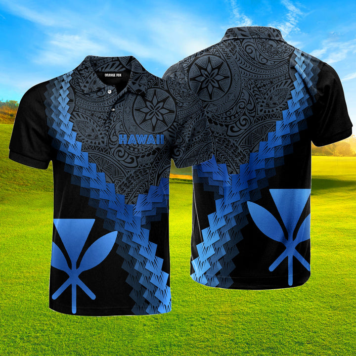 Hawaii Kanaka Maoli Coat Of Arms With Polynesian Tattoo Blue Polo Shirt For Men