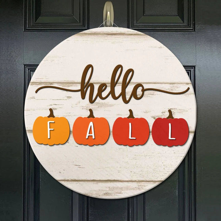 Hello Fall Sign, Hello Pumpkin Door Hanger Round Wood Sign | Home Decoration | Waterproof | WS1275-Gerbera Prints.