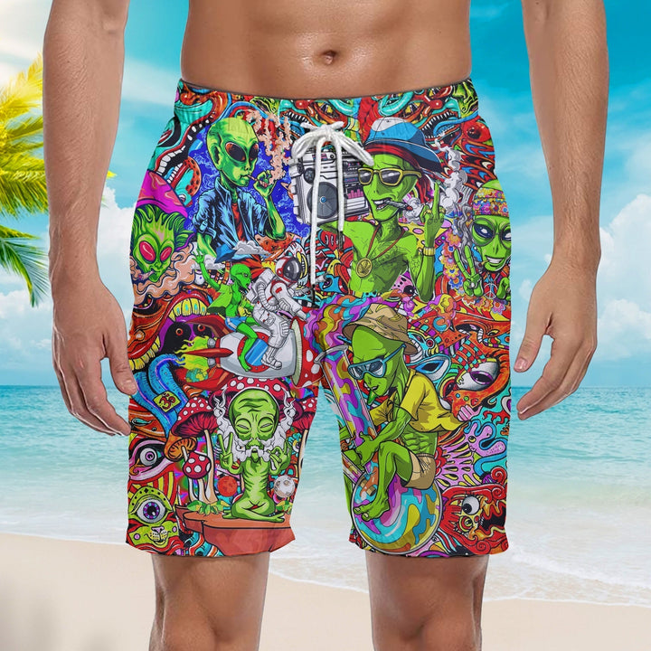 Hippie Alien Peace Life All Over Pattern Beach Shorts For Men