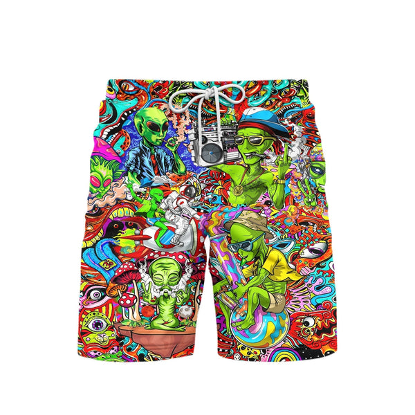 Hippie Alien Peace Life All Over Pattern Beach Shorts For Men