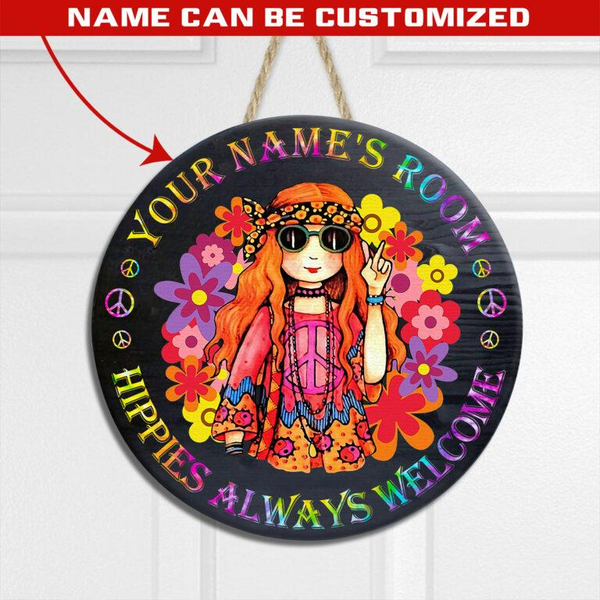 Hippie Always Welcome Custom Round Wood Sign | Home Decoration | Waterproof | WN1334-Colorful-Gerbera Prints.