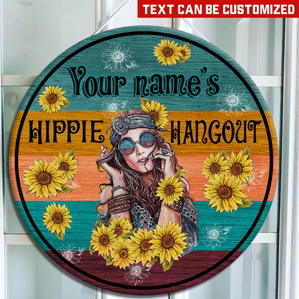 Hippie Hangout Sunflower Custom Round Wood Sign | Home Decoration | Waterproof | WN1298-Colorful-Gerbera Prints.