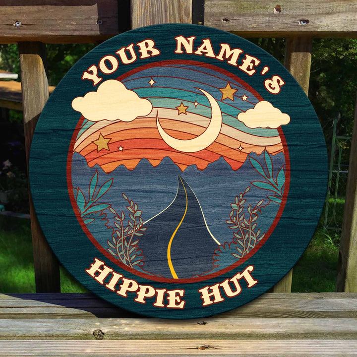 Hippie Hut For Hippie Lovers, Hippie Souls Custom Round Wood Sign | Home Decoration | Waterproof | WN1515-Gerbera Prints.