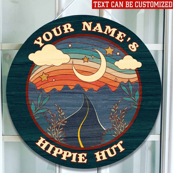 Hippie Hut For Hippie Lovers, Hippie Souls Custom Round Wood Sign | Home Decoration | Waterproof | WN1515-Colorful-Gerbera Prints.