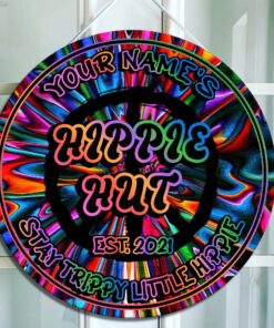 Hippie Hut For Hippie Lovers, Hippie Souls Custom Round Wood Sign | Home Decoration | Waterproof | WN1517-Colorful-Gerbera Prints.