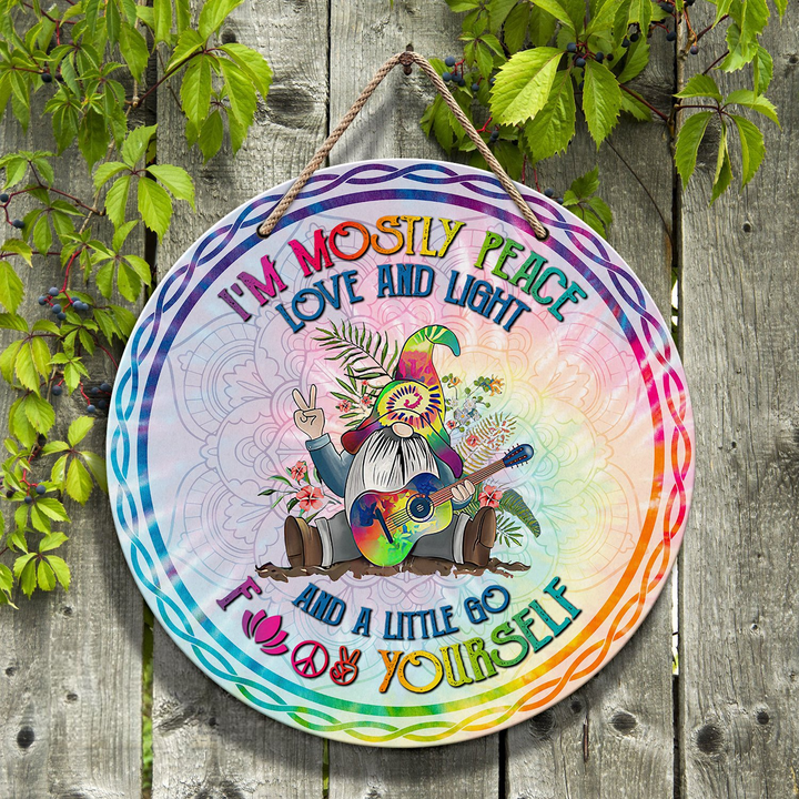 Hippie I’m Mostly Peace Love And Light Round Wood Sign | Home Decoration | Waterproof | WS1338-Colorful-Gerbera Prints.
